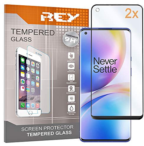 REY Pack 2X 3D Bildschirmschutz aus gehärtetem Glas für ONEPLUS 8 - ONE Plus 8, Schwarz, Displayschutzfolie 9H+ Härte, Anti-Kratzen-Öl-Bläschen, Voller Schutz, 3D, 4D, 5D