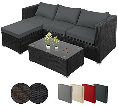 Montafox Poly Rattan Lounge Sitzkissen 8cm Gartenmöbel Ecklounge Frei Kombinierbare Elemente Ecksofa Gartengarnitur Garten Balkon Terrasse Outdoor, Farbe:Titan-Schwarz/Nachtschwärmergrau