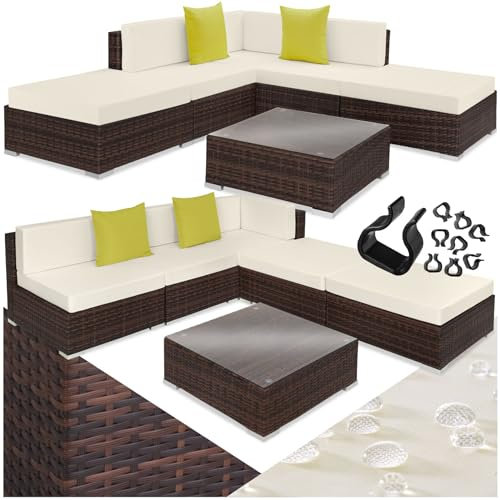 tectake® Aluminium Poly Rattan Lounge, modulares Gartenmöbel Set, großer Outdoor Couch Tisch mit Glasplatte, Sofa Set wetterfest für Garten, Balkon und Terrasse, extra Dicke Polster - braun gemischt