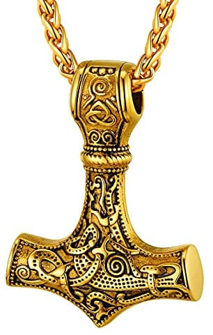 PROSTEEL 18k vergoldet Talisman Thorshammer Anhänger Halskette Nordische Amulett Thor Hammer Mjölnir mit 55+5cm Weizenkette Wikinger Keltischer Knoten Modeschmuck Accessoire für Herren