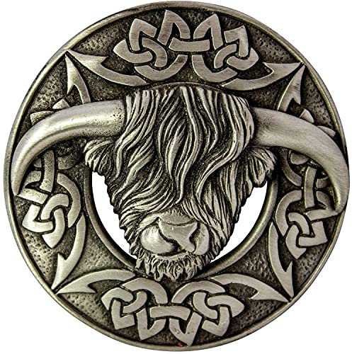 Plaid Brooch Fly Étain Ecossais Vache des Highlands Noeud Celtique Finition Antique
