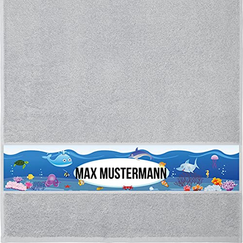 Manutextur Handtuch mit Namen - personalisiert - Motiv Fische 1 - viele Farben & Motive - Dusch-Handtuch - hellgrau - Größe 50x100 cm - persönliches Geschenk mit Wunsch-Motiv und Wunsch-Name