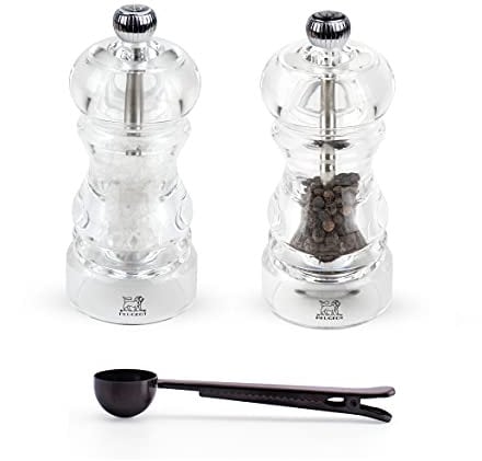 Peugeot Nancy Inch Salt & Pepper Mill Gift Set , Acrylic - With Stainless Steel Spice Scoop/Bag Clip (4.75 Inch)