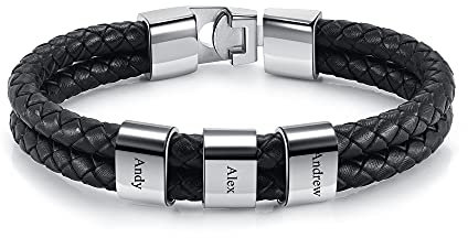 PiercingJak Herren Armband mit Gravur 3 Namen Männer Lederarmband geflochten Schwarz Echtleder Wickel Edelstahl Namensperlen ID Armreif Charm Schmuck Personalisierte Geschenke für Mann