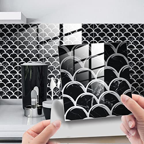Tile Stickers Black Fish Scales Stick on Tiles PVC Self Adhesive Wall Tiles Waterproof Bathroom Tile Stickers Oil Proof Kitchen Tile Stickers DIY Peel and Stick Floor Tiles25 PC(20x20cm)