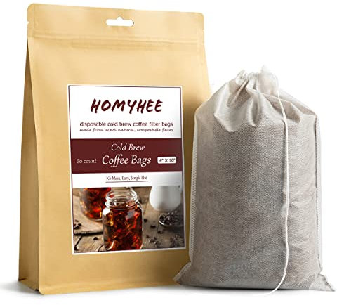 HOMYHEE Cold Brew Coffee Bags 60 Count Disposable Fine Mesh Brewing Bags for Concentrate/Iced Coffee Maker, French/Cold Press Kit, Hot Tea in Mason Jar or Pitcher, 6 x 10 Inches