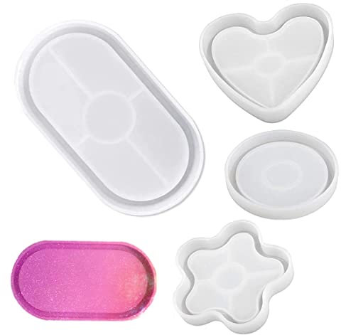 4PCS Silicone Coaster Tray Resin Molds, TuNan Dish Plate Epoxy Resin Mould for DIY Art Crafts Jewelry Storage Home Decor - Oval, Heart, Round, Flower