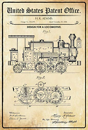 DekoDrom® Blechschild 20 x 30 cm US Patent Lokomotive Eisenbahn Dampflok historisches Motiv Wand Deko Sammler Geschenk