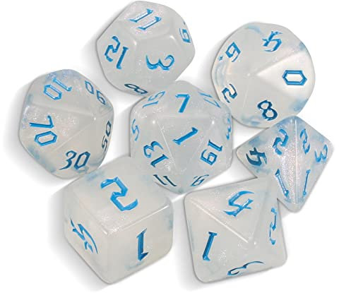 QMAY DND Dice Polyhedral Dice Set - 7 Pieces for Dungeon and Dragons MTG RPG D&D D20, D12, D10, D%, D8, D6, D4 (Weiß transluzent + Glitter)