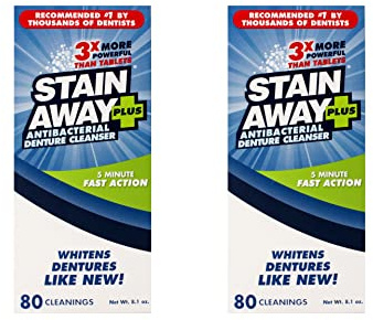 Stain Away Plus Antibacterial Denture Cleanser, 3X More Powerful Than Tablets, Whitens Dentures Like New, 5 Minute Fast Action, Clean Mint Taste, 80 Cleanings, 8.1 oz (Pack of 2)