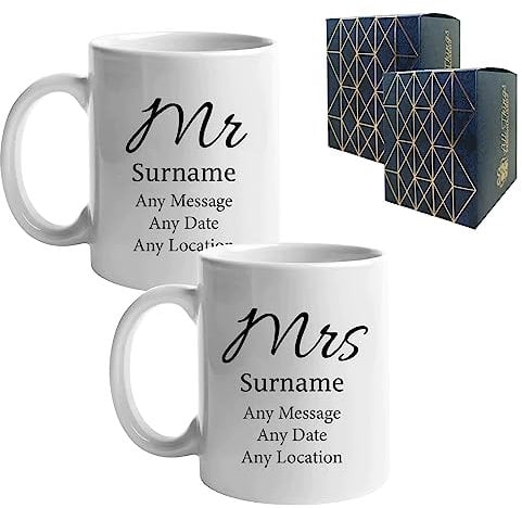 Personalised Mr and Mrs Mug Set, His and Hers Wedding with Any Message and Surname, Anniversary Present, Elegant Font Design, Gift Boxed, 11oz/312ml Mugs