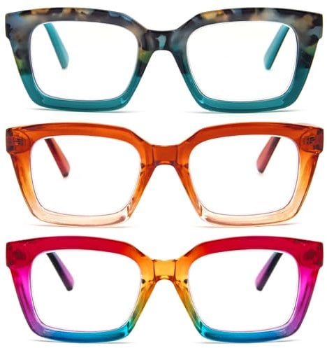 MMOWW 3-Pack Oversized Reading Glasses for Women - Anti Blue Light Glasses with Square Frame (3 Mix, +3.5)