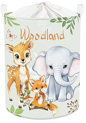 Clastyle 45L Giraffe Elefant Fuchs Junge Mädchen Wäschekorb Rund Grün Waldtiere Spielzeug Kleidung Aufbewahrungskorb für Kinderzimmer, 36x45 cm
