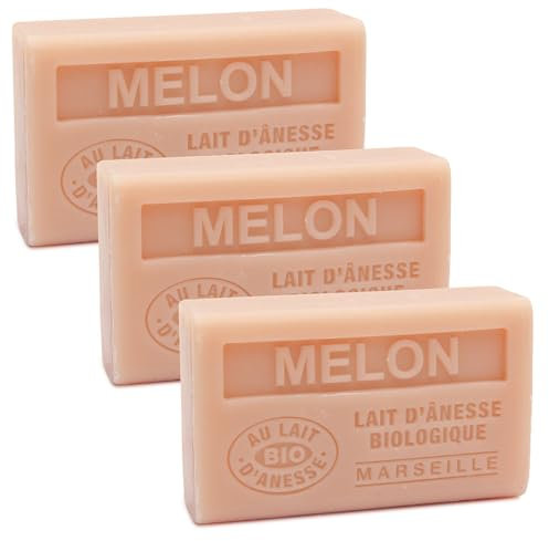 Label Provence Savon de Marseille – Französische Seife mit frischer Bio-Eselsmilch – Melonenduft – 125 g – Set mit 3 Stück