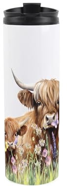 Highland Cow Travel Mug - Cute Cow Mum and Calf Gift - Reusable Stainless Steel Vacuum-Sealed Double-Walled Hot/Cold Drinks Travel Flask 500ml (16 fl oz)