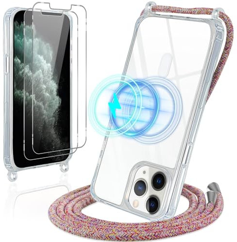 Vauki Funda para iPhone 11 Pro Max con Cuerda, con Vidrio Cristal Templado, Compatible con MagSafe, Transparente Magnético Carcasa con Colgante Collar Correa de Cordón para iPhone 11 Pro Max, Arcoíris