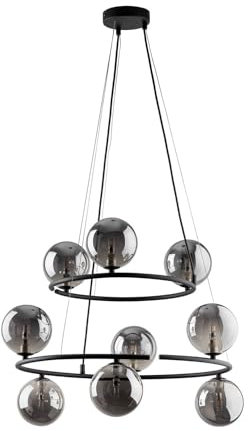 Licht-Erlebnisse Hängelampe Metall Rauchglas 2 Ringe H: max. 140 cm Schwarz Graphit 9-flammig G9 Kugel Schirm Modern Pendelleuchte Esstisch Wohnzimmer