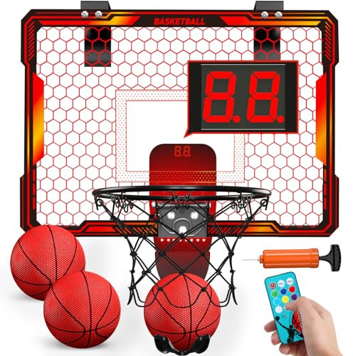 HYES Basketball Hoop for Kids, Remote Control Mini Basketball Hoop with 7 LED Lighting, 3 Modes, Scoreboard, 3 Balls, Indoor Basketball Toys for Kids - Red