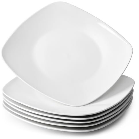NUTRIUPS Juego de 6 Platos Cuadrados de Cerámica de 26 cm, Blancos, Aptos para Microondas y Lavavajillas