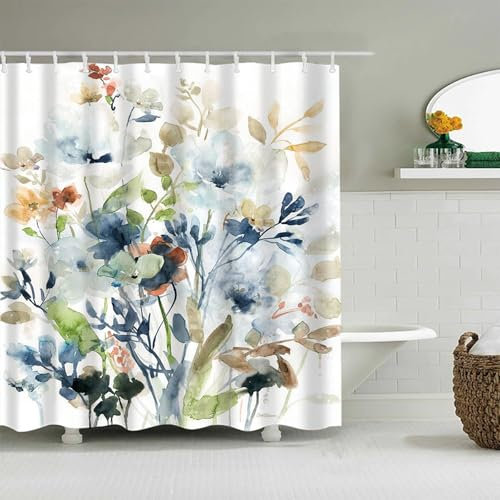 FAIRYGATE Dusch Vorhang+ Blumen Vorhang Bad Vorhang 180x180cm Blatt Duschvorhang Weiß Natur Grüne Blätter Duschvorhang für Badezimmer Wasserdichtes Polyestergewebe Set mit Haken B9717