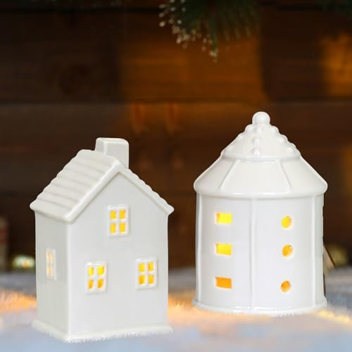 Maison Porcelaine Noel - Céramique LED Petite Maison Photophore Mate Avec Pied Pour Bougie Chauffe-Plat - Blanche (B+C)