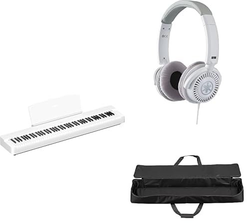 Yamaha Piano digital P-225, blanco: piano digital ligero y portátil con auriculares HPH-150 y funda para piano SC-KB851
