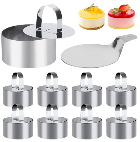 SUNOYA 8 Stück Dessertringe und Speiseringe, Tortenring Set, 8 cm Runder, Servierringe, mit Platte, Tortenringe, Edelstahl Mousse Ringe, Mini Kuchenring Formen, für Mousses, Kuchen, Desserts