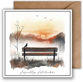 WBdesignz Trauerkarte Aufrichtige Anteilnahme mit Umschlag - stilvolle Beileidskarte mit Sonnenuntergang & Bank - Kondolenzkarte für Freunde, Familie & Kollegen (125 x 125 mm)
