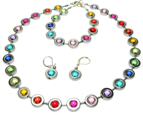 Halskette Collier Armband Ohrringe Schmuck Set Hämatit Ringe Donut Silber Perlen glänzend bunt mehrfarbig Regenbogen