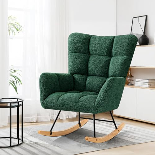 Ckaff Schaukelstuhl, Schaukelsessel Stillsessel Babyzimmer, Relaxstuhl Gepolsterter Sessel Wohnzimmersessel Lesesessel mit Holzkufen, Armlehne für Wohnzimmer Schlafzimmer Babyzimmer, Grün