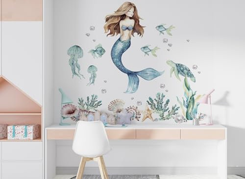 Osomhome |Wandtattoo Kinderzimmer Wandsticker | Wanddeko Babyzimmer | Schlafzimmer Junge Mädchen Selbstklebend (Blau Meerjungfrau, S)