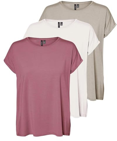 VERO MODA Damen VMAVA Plain SS TOP GA JRS 3-Pack Kurzarm Shirt, Mesa Rose/White Alyssum/Chateau Gray, XS