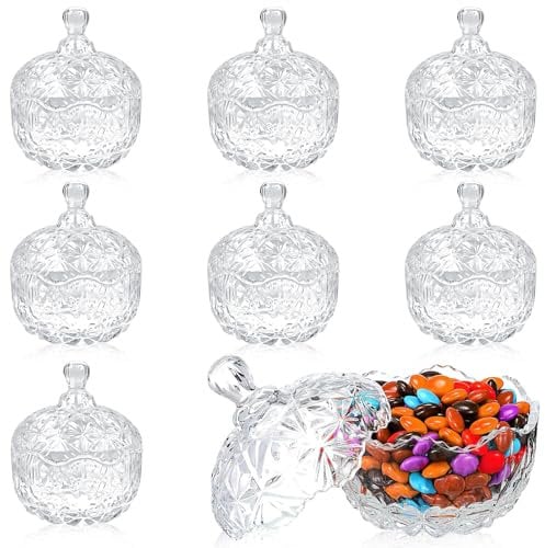 8 Pack Glass Sweets Jars with Lids, 8 oz Crystal Candy Container Bulk, Glass Cookie Buffet Decorative Storage, Vintage Glass Sugar Dish Bowl for Wedding Kitchen Oats Fruit Snack, 14 x 10.5 cm, Clear
