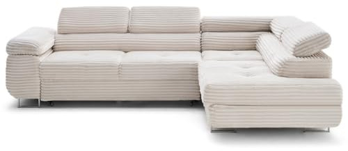 Lisa Design Zaria - Ecksofa rechts 5-Sitzer Schlaffunktion und Bettkasten und Kopfstützen großer geripptem Cord Beige
