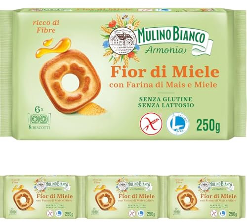 Mulino Bianco Fior di Miele Biscotti Frollini al Miele Millefiori con Farina di Mais, Senza Lattosio, Glutine e Olio di Palma, Mulino Armonia, Confezione con 6 Monoporzioni da 6 Biscotti