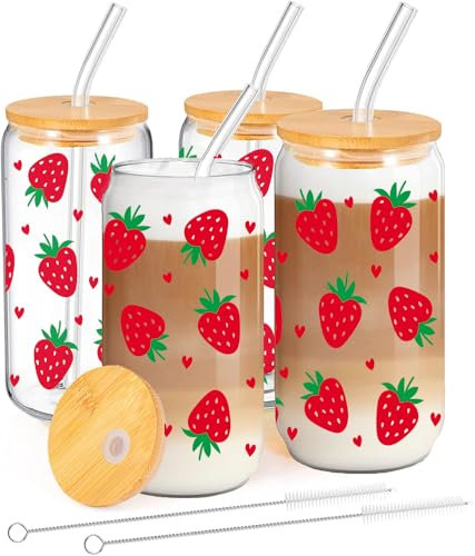 MEIMUCUL Erdbeer Trinkglas mit Strohhalm und Deckel,4 Stück Clean Girl Aesthetic Gläser mit Deckel und Strohhalm,Cocktailgläser Eiskaffee Gläser 500ml,Glasbecher Geschenk für Schwester Freundin