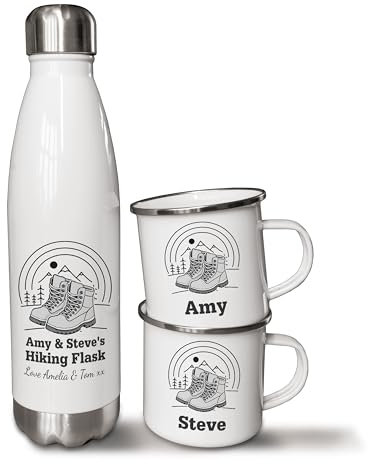 iCaseDesigner Personalised 500ml Thermal Flask and Enamel Mugs. Walking, Hiking and Rambling Mug and Flask Set. Outdoor Adventure Gifts