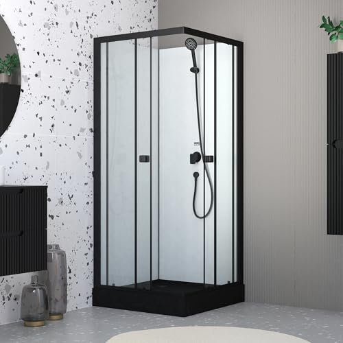 Cabine de douche intégrale 80x80x200 cm carrée - Portes coulissantes - Receveur Noir Mat