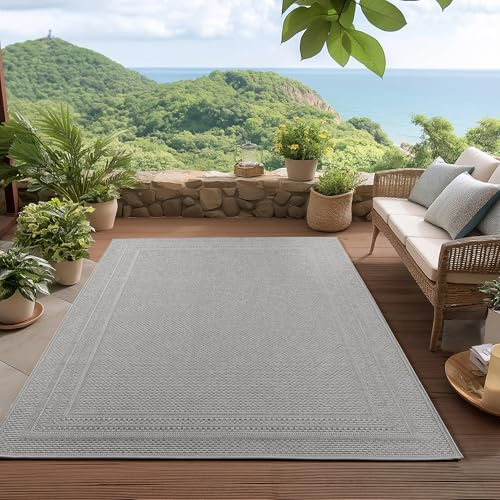 HomebyHome Outdoor Teppich Grau 140x200 cm Wetterfest UV-beständig Pflegeleicht Einfarbiges Design mit Bordüre für Küche Balkon Terrasse Garten Wohnzimmer