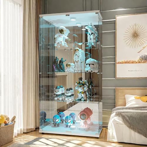 Glasmonter, stående glasdisplay med lås och LED-belysning, skåp för samling med 2 dörrar 4 fack för vardagsrum, sovrum, kontor, vit (vit )