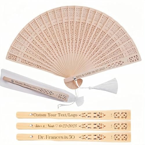 30Pcs Custom Hand Fans Personalized Wooden Wedding Fans for Guests Bulk Wedding Party Favors with Tissue Yarn Bags Folding Hand Fan for Wedding Graduation Party Favor (30)