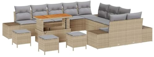 vidaXL Garten-Sofa-Set mit Kissen 14 pcs Beige Poly Rattan, Garten Lounge Set, modulare Rattan Möbel, verstellbare Füße, rechteckige Couch, robuste Sitzgelegenheit für Terrasse