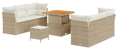 vidaXL Garten-Sofa-Set mit Kissen mit Speicher 9 pcs Beige und Creme, Garten und Terrasse, Outdoor Möbel, UV-beständige Materialien, abnehmbare Kissen, modulares Loungeset