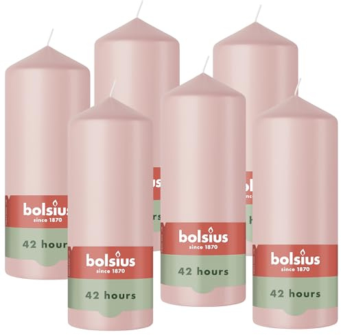 Bolsius - Pillar Candle - Light Pink - 15 cm - 6 Pieces - Burning time 42 Hours - Natural Vegetable Wax - Palm Oil Free.