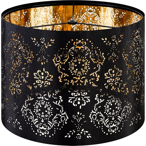 GO&SO 1 pantalla de lámpara de 16 pulgadas de profundidad x 10 pulgadas de alto, pantalla de tambor grande, diseño floral láser negro
