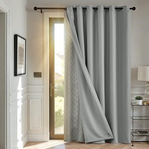 TOPICK Thermovorhang Kälteschutz doppelten Gardinen Ösen H240xB140 1 Stück | Gardinen Wohnzimmer Hellgrau Türvorhang Verdunklungsvorhänge Schlafzimmer Vorhänge mit abnehmbare Schicht Curtain living room