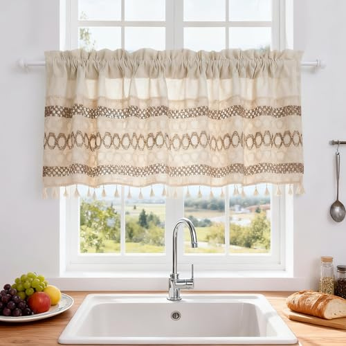 HiSnug Lichtfiltergardine Natur Leinen Bistrogardine für Landhausstil Gardinen Kurz Küchengardinen, Spliced lace Tassels, H60 x B150 cm - 1 Stück