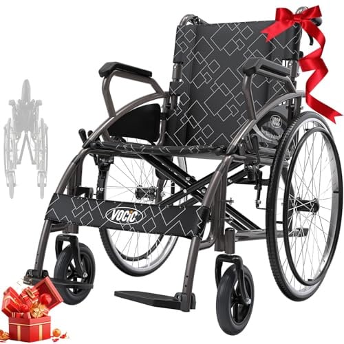 VOCIC U31 Rollstuhl Faltbar Leicht mit Selbstantrieb 150KG | Transportrollstuhl klappbar für Senioren Outdoor, 60CM Großreifen, 46CM Sitz, Doppelbremse, 17.5KG|Hellgrau