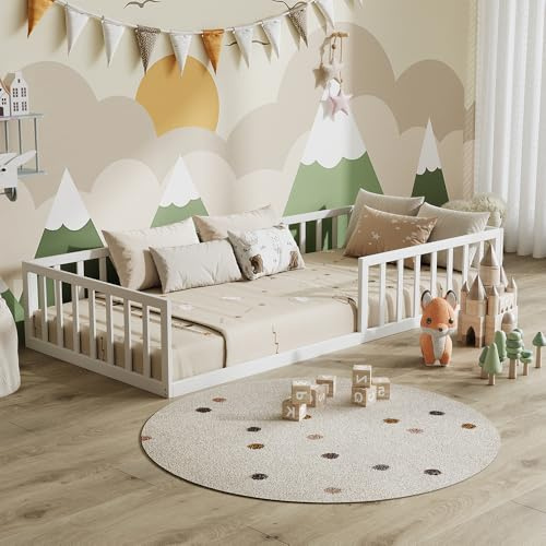 VitaliSpa Bodenbett Minno 90x200, Kinderbett aus Metall, Montessori Bett mit Rausfallschutz, niedrige Einstiegshöhe, Weiß