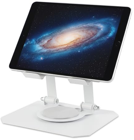 Tablet Ständer, Tablet Halterung Tisch Verstellbar, von 4.7-13 Zoll (Weiß) | iPad Ständer,Handyhalterung,Faltbarer Telefonhalter, Metallsockel,360 ° drehbar, kompatibel mit iPad Pro Air Mini und anderen